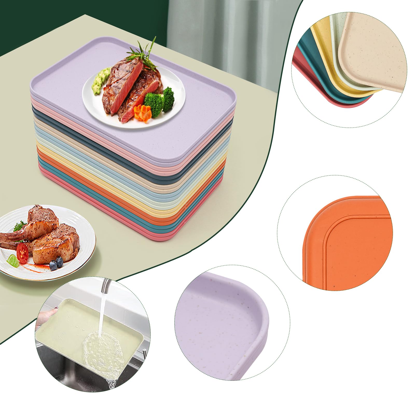 31 x 22 cm, 10 unidades, bandeja de plástico, bandeja para servir comida rápida, bandeja de desayuno, bandeja de actividad, 20 paletas en 10 colores, base antideslizante, reutilizables, para cantinas