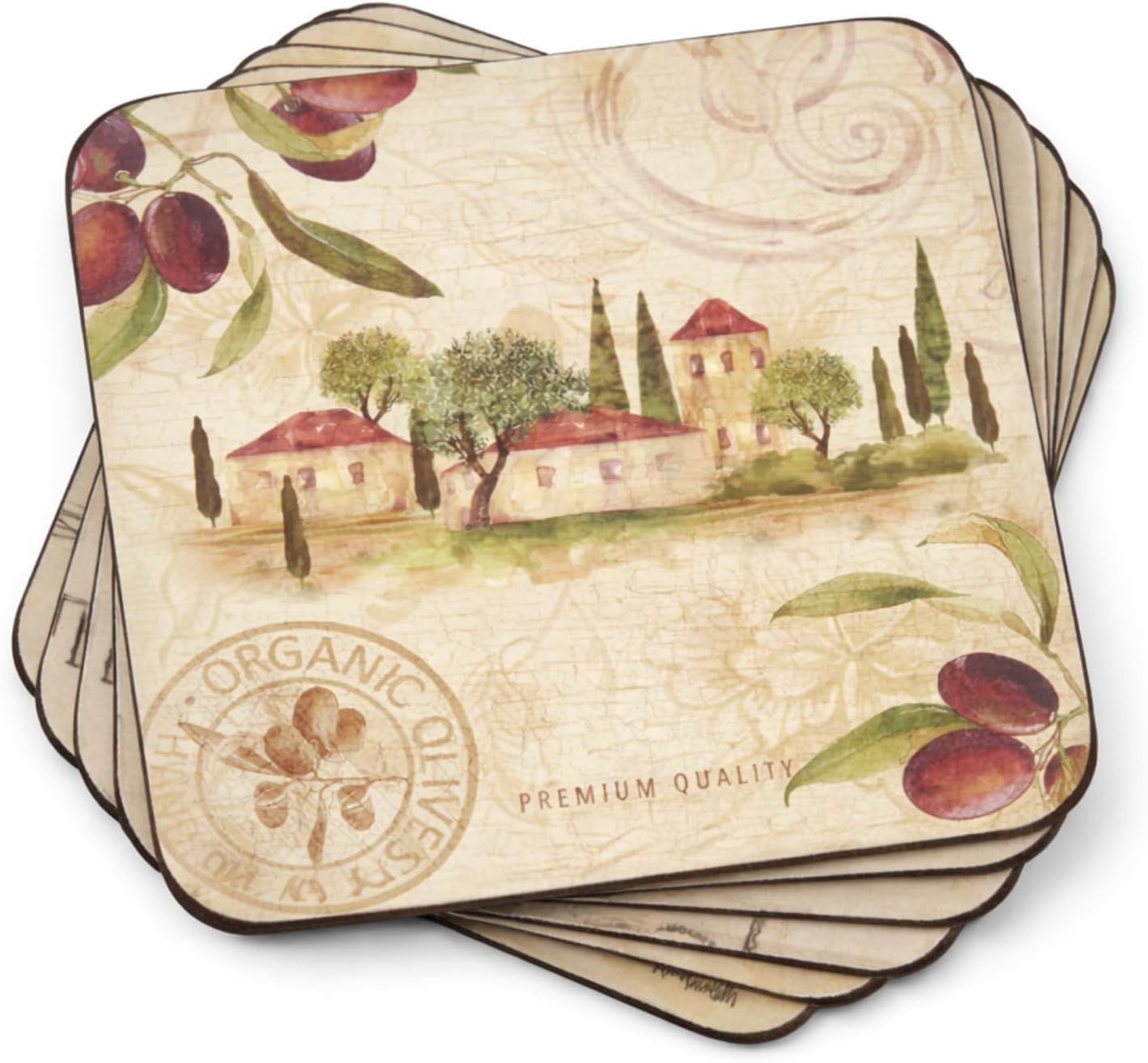 Pimpernel Olive Orchard Coasters, Set of 6 - Decorative Drink & Table Coasters with Rustic Village & Olive Branch Design, Heat & Stain Resistant, Perfect for Kitchen, Dining & Entertaining