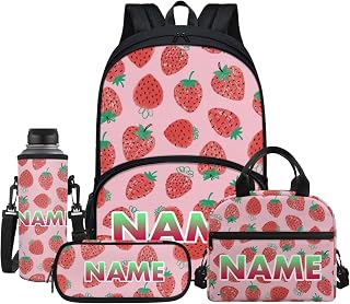 Red Strawberry Student Backpacks, Cartoon Fruit School Bookbag for College Laptop Backpack, Pink Lunch Bag Water Bottle Holder 4 Set Pen Bags