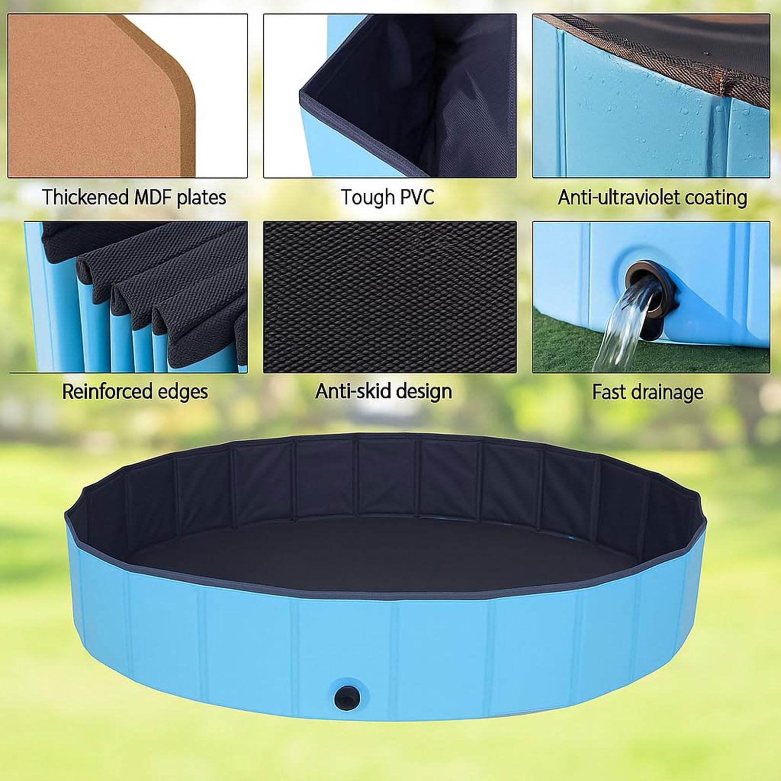 Piscina per Cani Piscina Pieghevole Non Gonfiabile in PVC Vasca Portatile Interattiva con Scarico Grande Vasca Rigida e Rotonda per Cani Gatti Cuccioli Animali 160 * 30CM