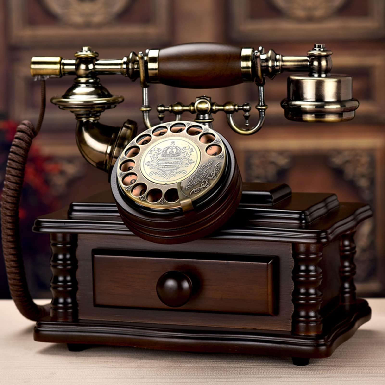 Przewodowy telefon stacjonarny, lite drewno retro design, vintage obrotowy telefon biurkowy z szufladą, klasyczny telefon do biura domowego
