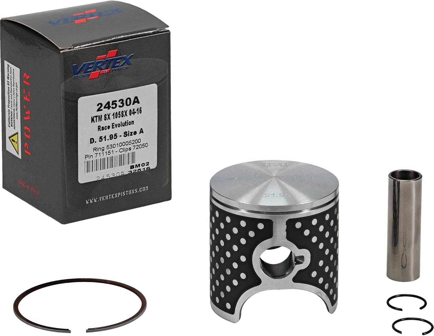 Vertex 24530A Cast Race Piston Kit Compatible With/Replacement For KTM 105 SX 2004-2011, 105 XC 2008-2009 52 mm Cylinder Diameter, 112 cc Displacement, 51.950mm Piston Diameter