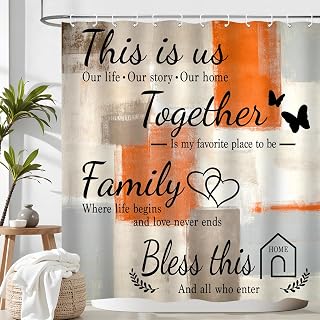 Family Shower Curtain Warm Words Inspirational Motivational Orange Gray Oil Painting Home Bathroom Decor Waterproof Fabric 72Lx72W Inch with Plastic 12PCS Hooks