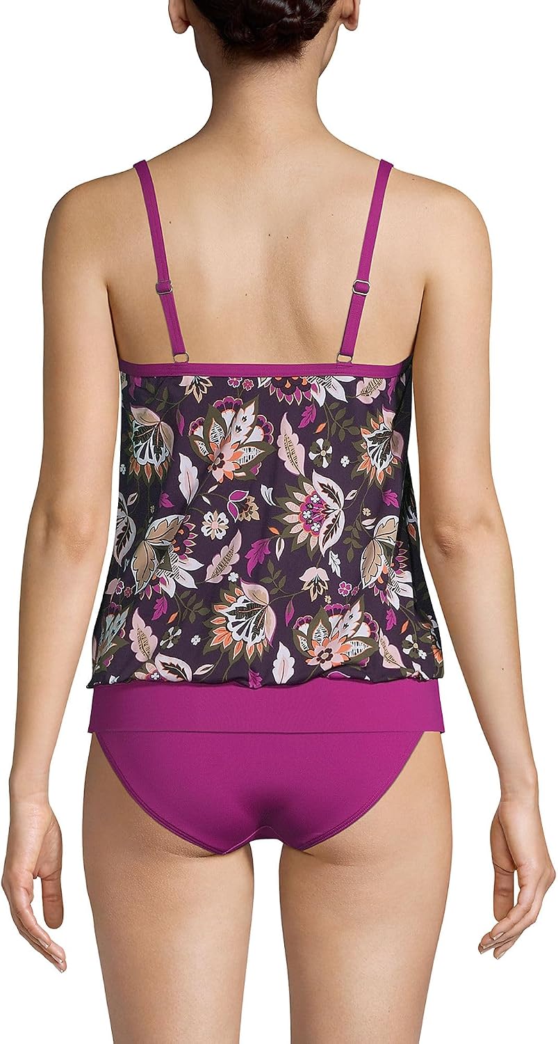 Lands' End Women's Blouson Tummy Hiding Tankini Top Swimsuit Adjustable Straps
