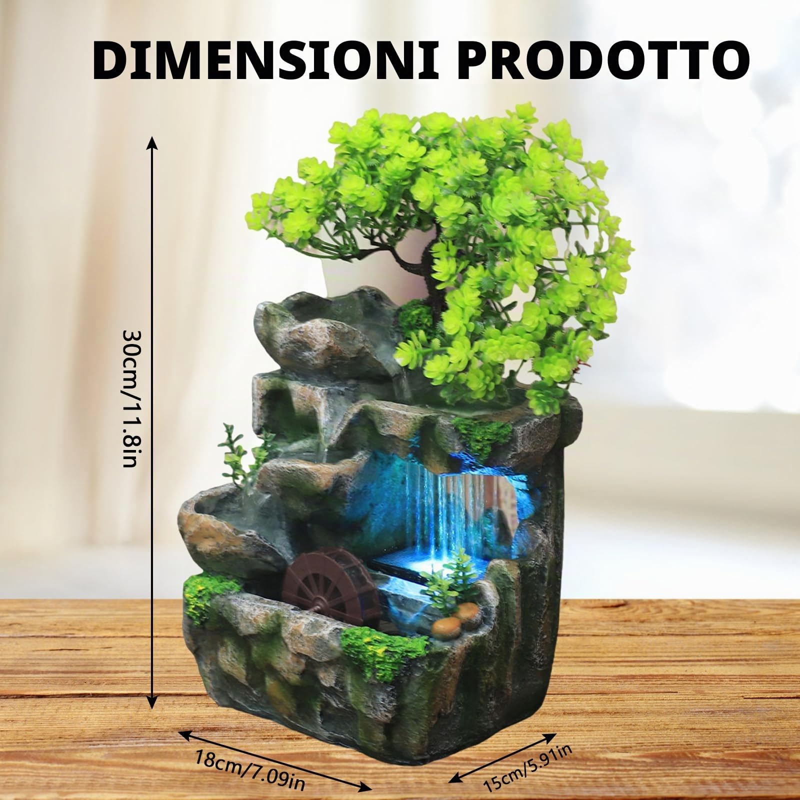 Fontana verde Pianta Fontana da Tavolo Cascata con Illuminazione a LED che Cambia colore, Fontana da Tavolo con Ruota Feng Shui, Fontana per Posizionamento Soggiorno, Ufficio Pulisce l'aria 18 x 30cm