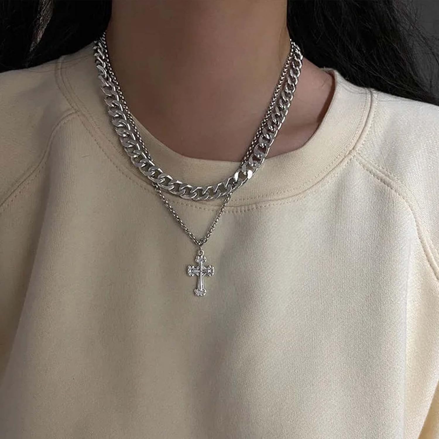 YienDoo Punk Layered Cross Necklace Choker Gothic Chunky Cuban Chain Choker Cross Crucifix Pendant Necklace Silver Tone Religious Cross Pendant Necklace Charm Jewellery for Women - Image 2
