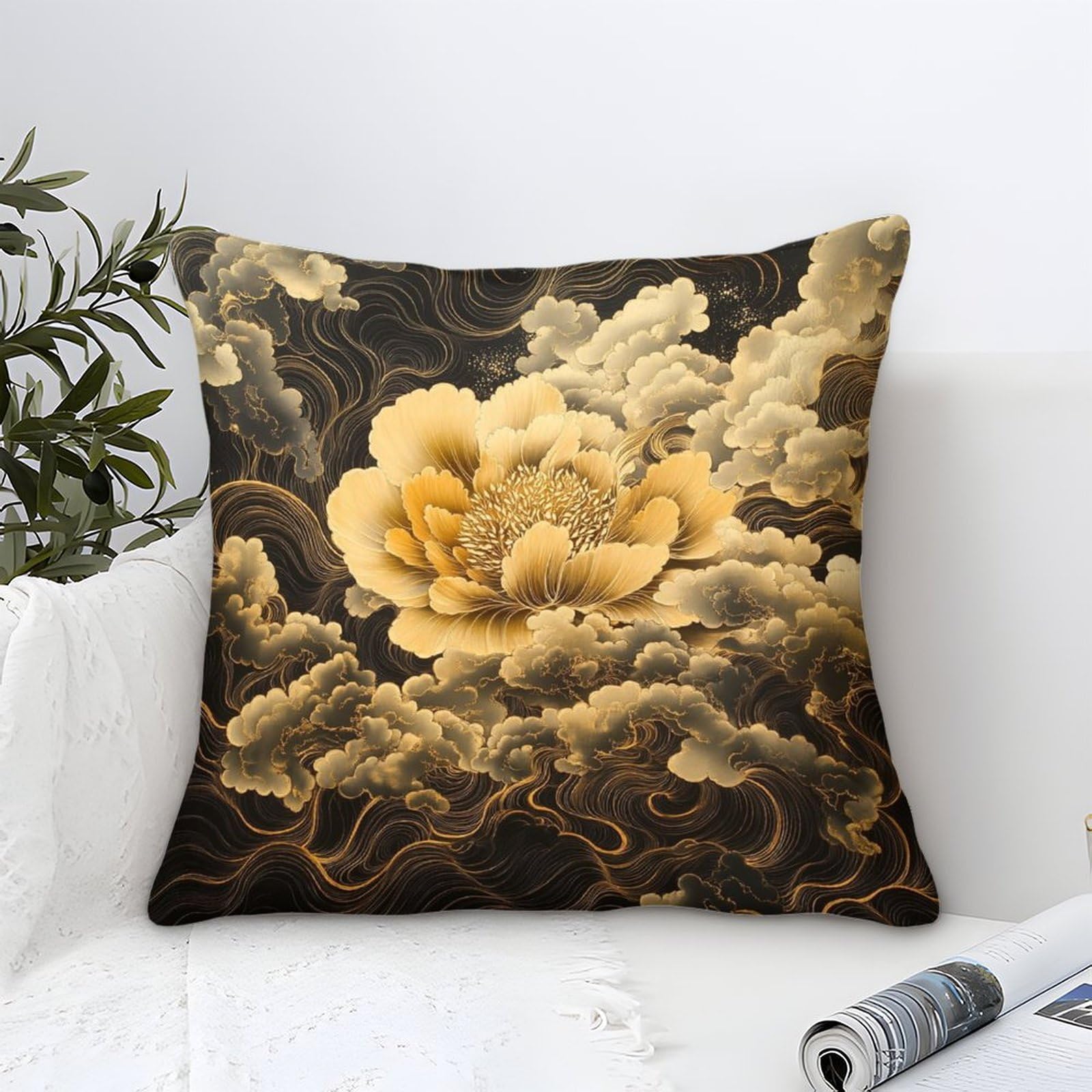 Yyvkpmlxc Style-10 Cushion Covers Golden Peony Modern Art Decorative,Oriental Cloud Pattern Pattern Square Pillow Case Soft Polyester Throw Pillow Cases For Sofa Garden Bed Couch Cushions 50X50cm