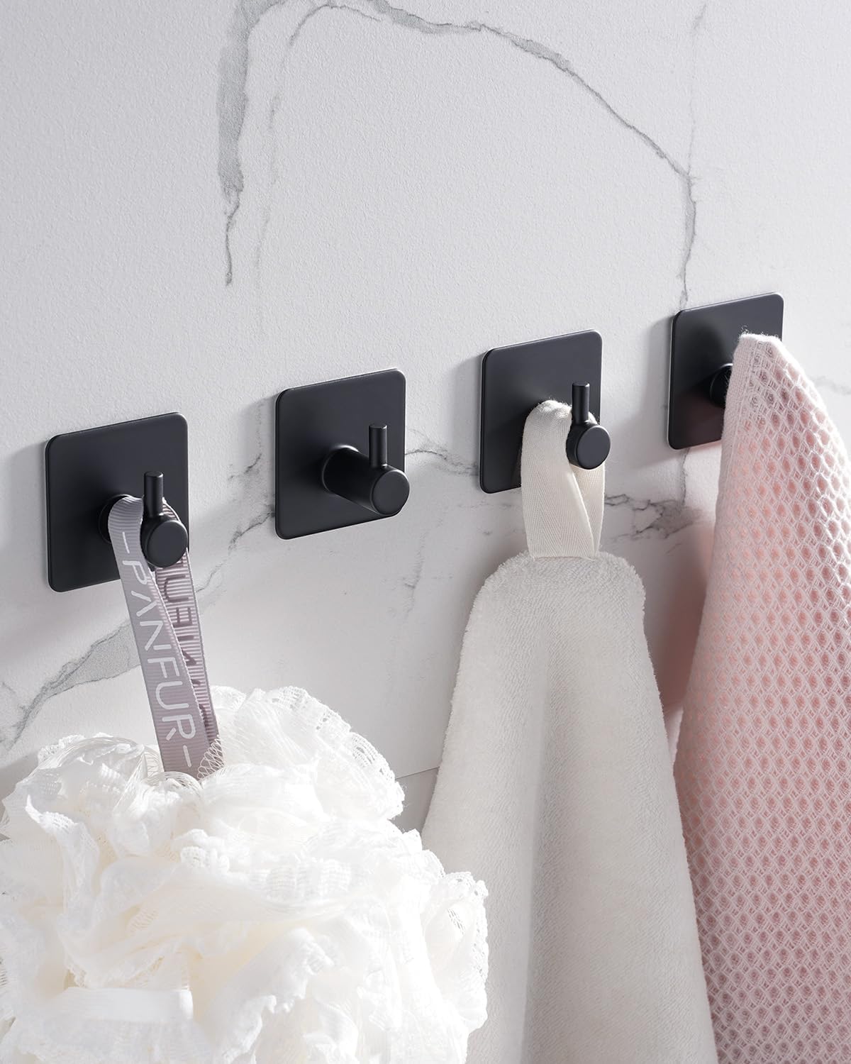 4 Pack Adhesive Hooks, Black Towel Hook for Bathrooms, Heavy Duty Stainless Steel Wall Hook, Waterproof Stick on Hook, Hooks for Hanging Robe, Key, Coat, Clothes
