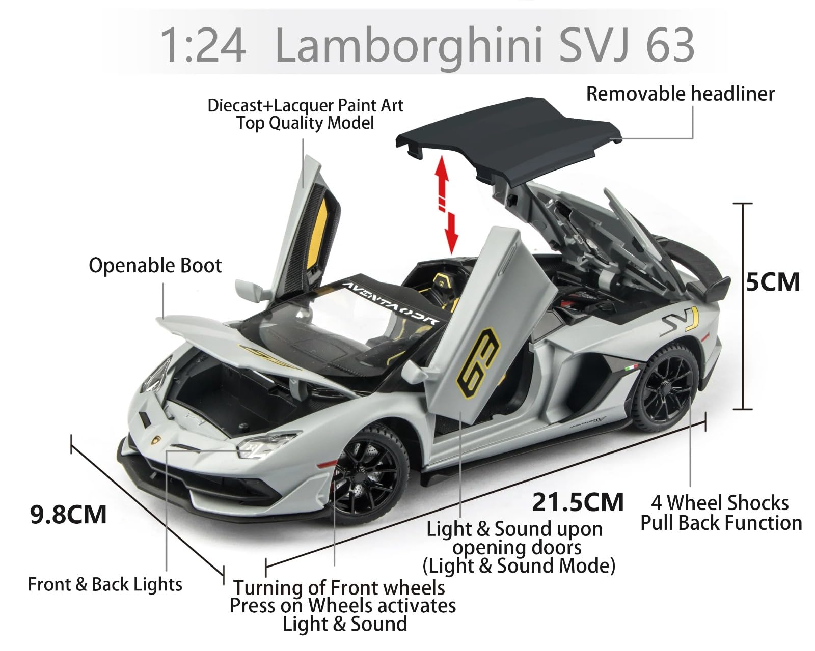 FUNABLO Scale Exclusive Alloy Metal Pull Back Die-cast Car Model with Sound Light Mini Auto Toy for Kids Metal Model Toy Car with Sound and Light (1:24 Scale Lamborghini SVJ 63 -White) 4