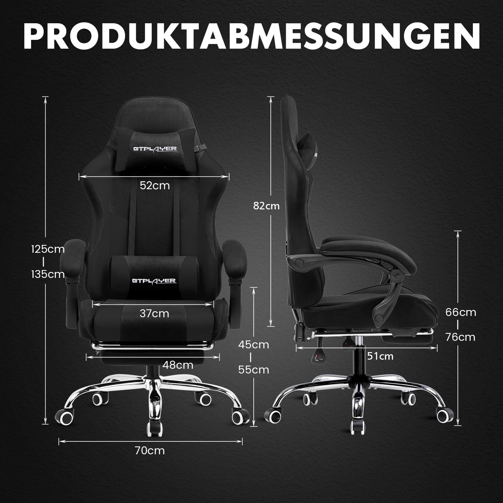 GTPLAYER Sedia da gioco, sedia da ufficio, sedia ergonomica, sedia da gioco, con supporto per massaggi, sedie task con poggiapiedi e poggiatesta, tessuto nero
