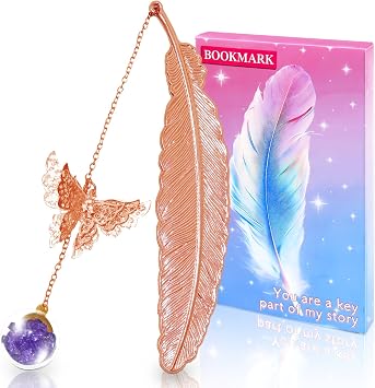 Vintage Metal Feather Bookmark with Butterfly and Crushed Diamond Glass Beads as Pendant, Unique Birthday Gift Mothers Day Christmas Teachers Day for Readers Book Lovers-Rose Gold