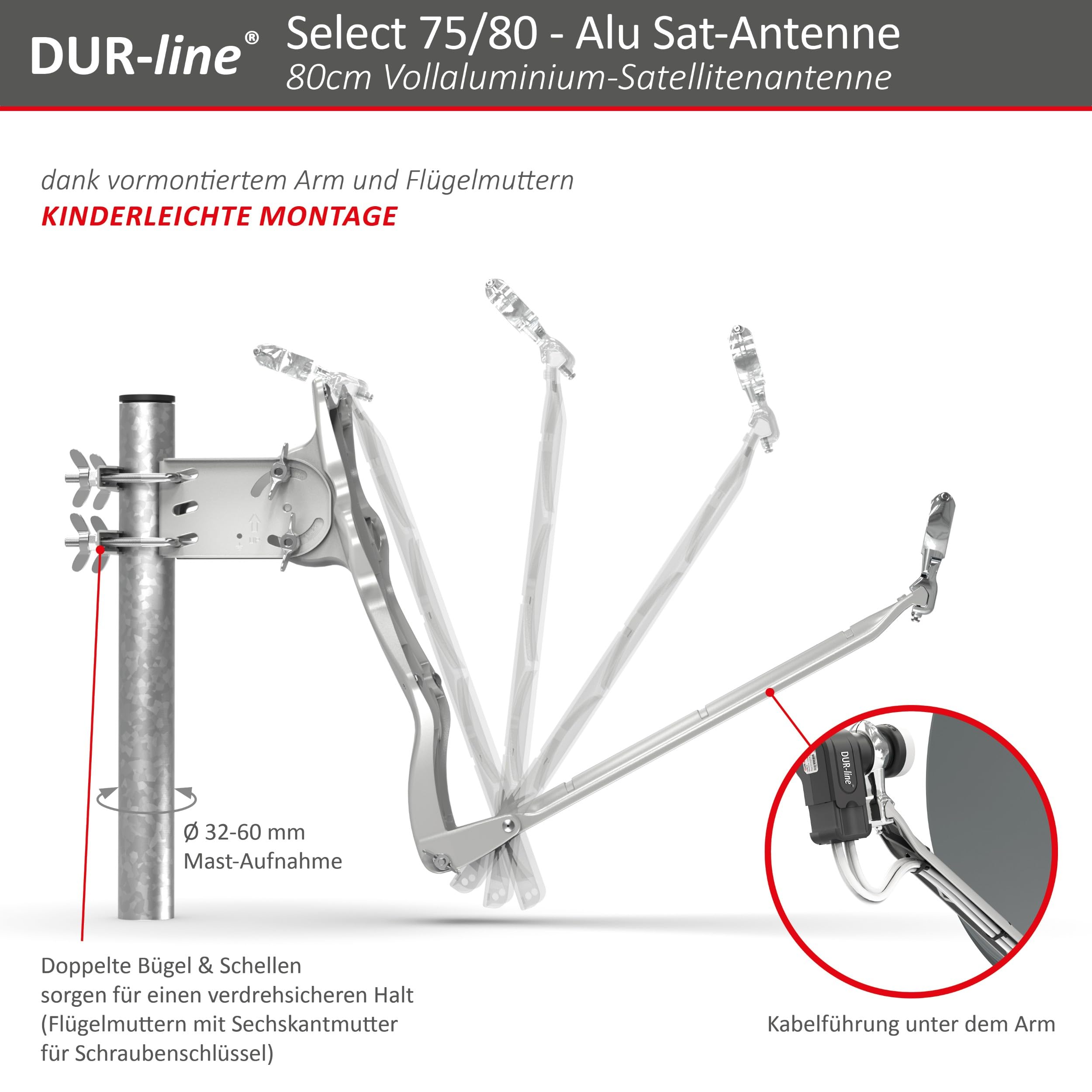 DUR-line Select 80cm Satellitenschüssel Aluminium Sat-Reflektor Anthrazit LNB-Halterung Rostfrei
