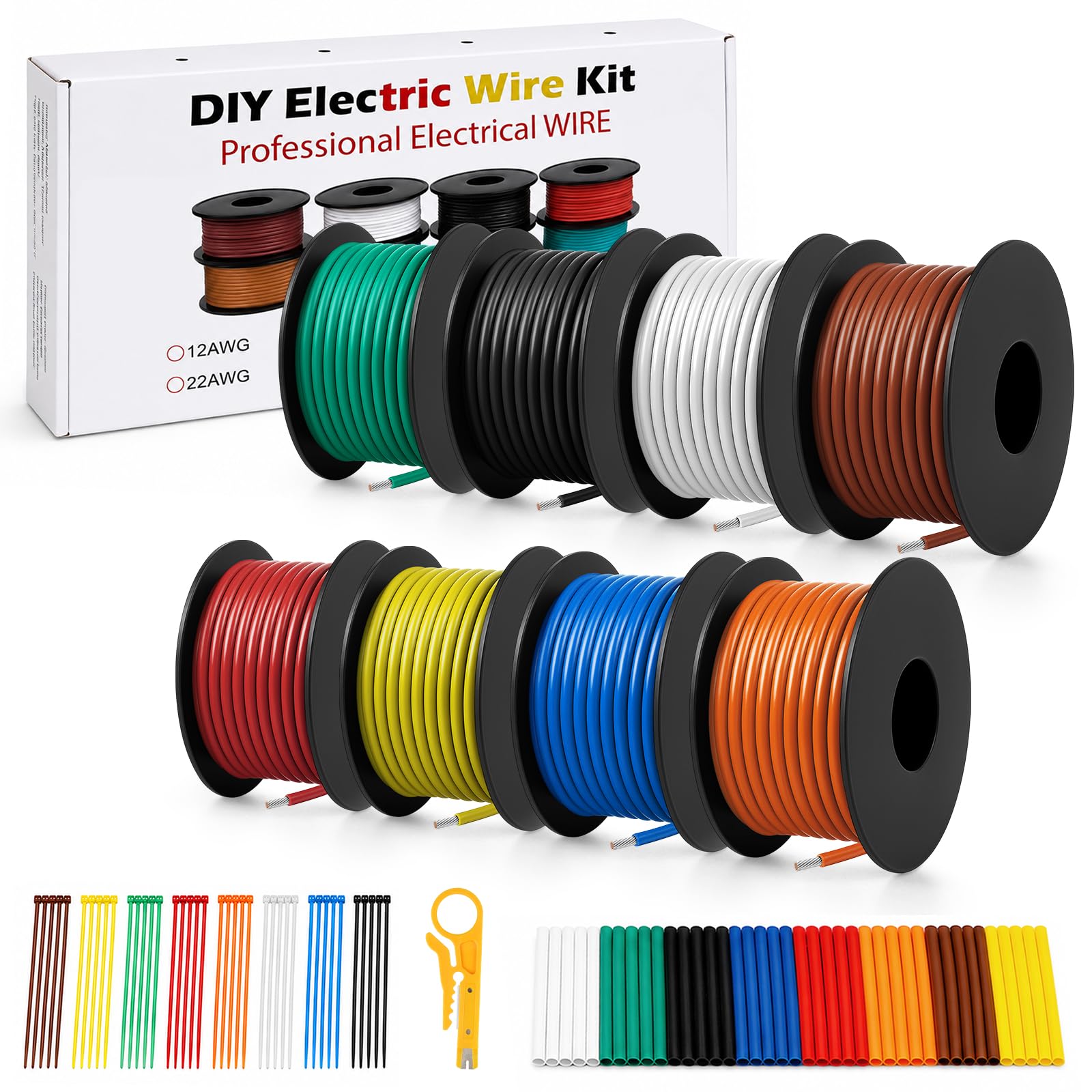 18 AWG Silikon Kabel Set 0,75 mm², 8 Farben 10 m pro Rolle, Extra Flexibler Litzendraht aus Verzinntem Kupfer, Komplett Set mit Schrumpfschlauch, Kabelbinder und Abisolierer für DIY, KFZ, RC, LED