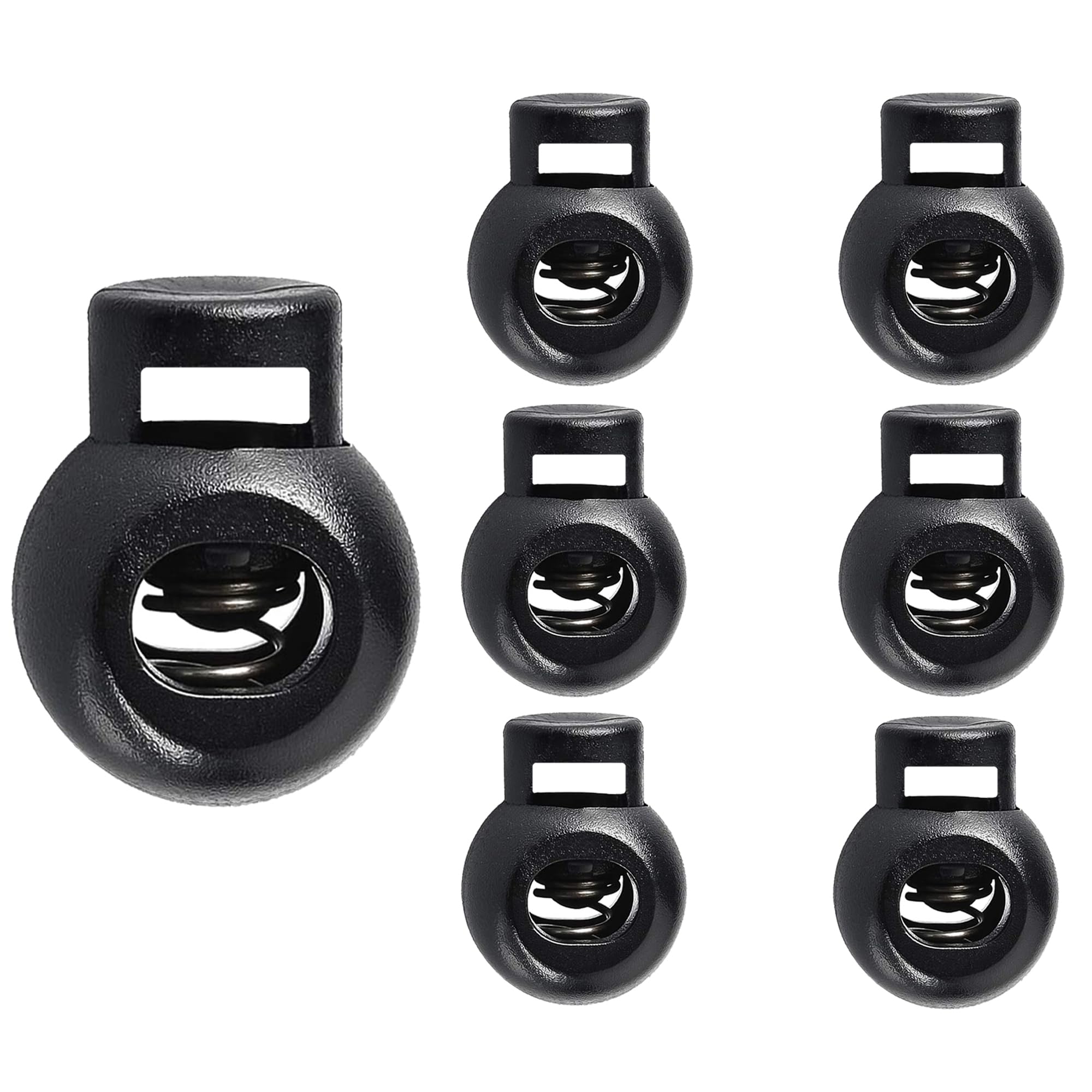 Sialpro Unisex Black Single Hole Round Plastic Spring Cord Locks Toggle Stoppers For Drawstrings Paracord End Strong Heavy Duty Flate Pyjamas Shoelaces Fasteners With Spring Loaded Push Button(Pack Of 6)