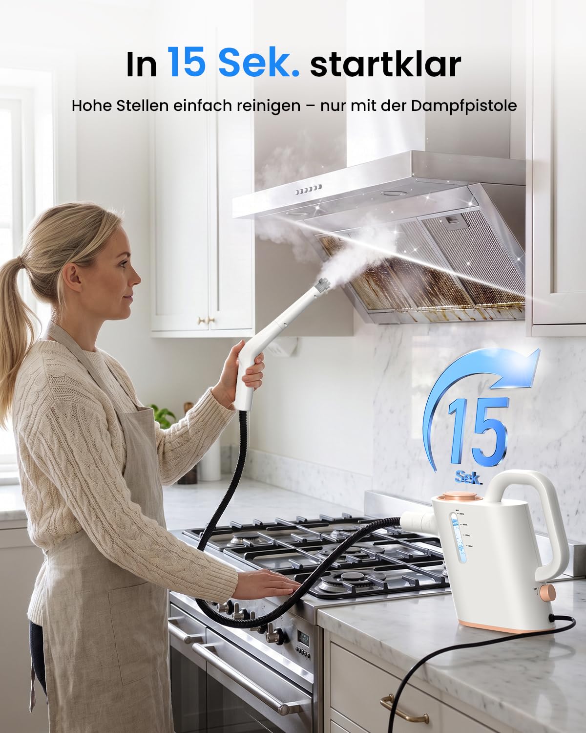 Dampfreiniger Handgerät, 15 Sek. Aufheizzeit, 550 ml Wassertank | 16 Zubehörteile, regulierbarer Dampf, 1,5 m Schlauch und 3 m Kabel für Bad, Küche, Fugen, Fensterrahmen und Polster