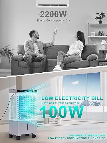 Miniatura 5 de Enfriador de pantano, enfriador de aire evaporativo de 1800 CFM portátil con tanque de agua de 5.3 galones, oscilación ancha de 120, 4 paquetes de