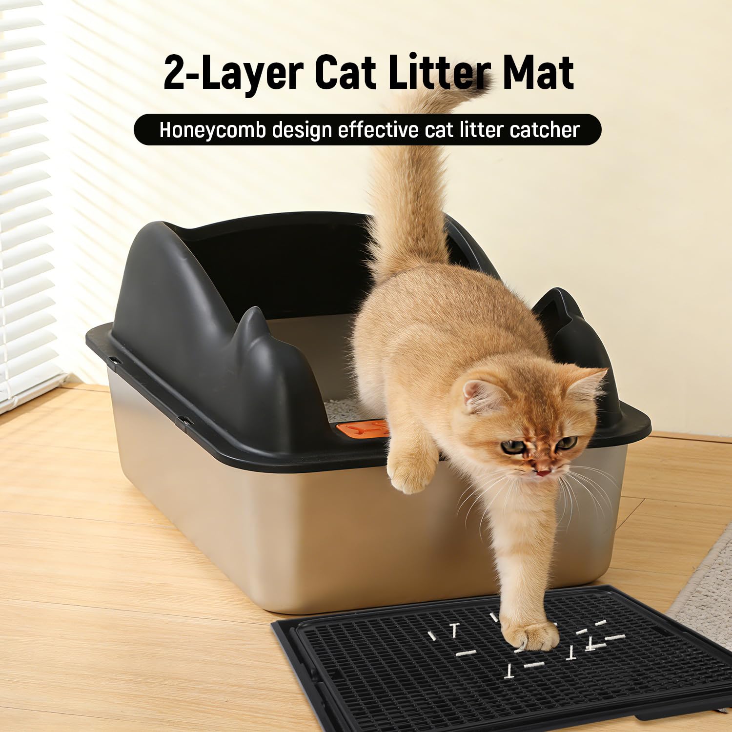 Bac Litière pour Chat en INOX, Maison de Toilette Chat avec Pelle et Tapis Litière, Bord Haut, Anti-Fuite, Amovibles, Facile à Nettoyer, pour Chats Adultes, Chatons, Lapins