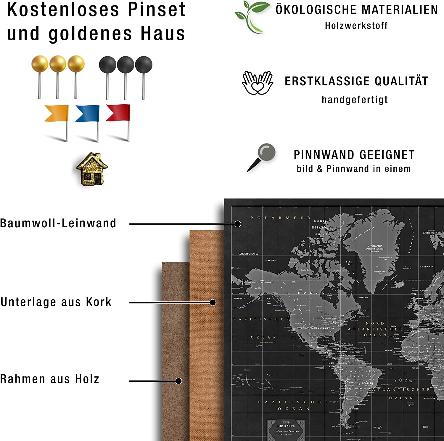 Płócienna mapa świata z korkiem do przypinania celów podróżnych, dekoracja ścienna do każdego pomieszczenia, wysokiej jakości obrazy na płótnie z mapą świata w różnych rozmiarach (150 x 100 cm, wzór 2)