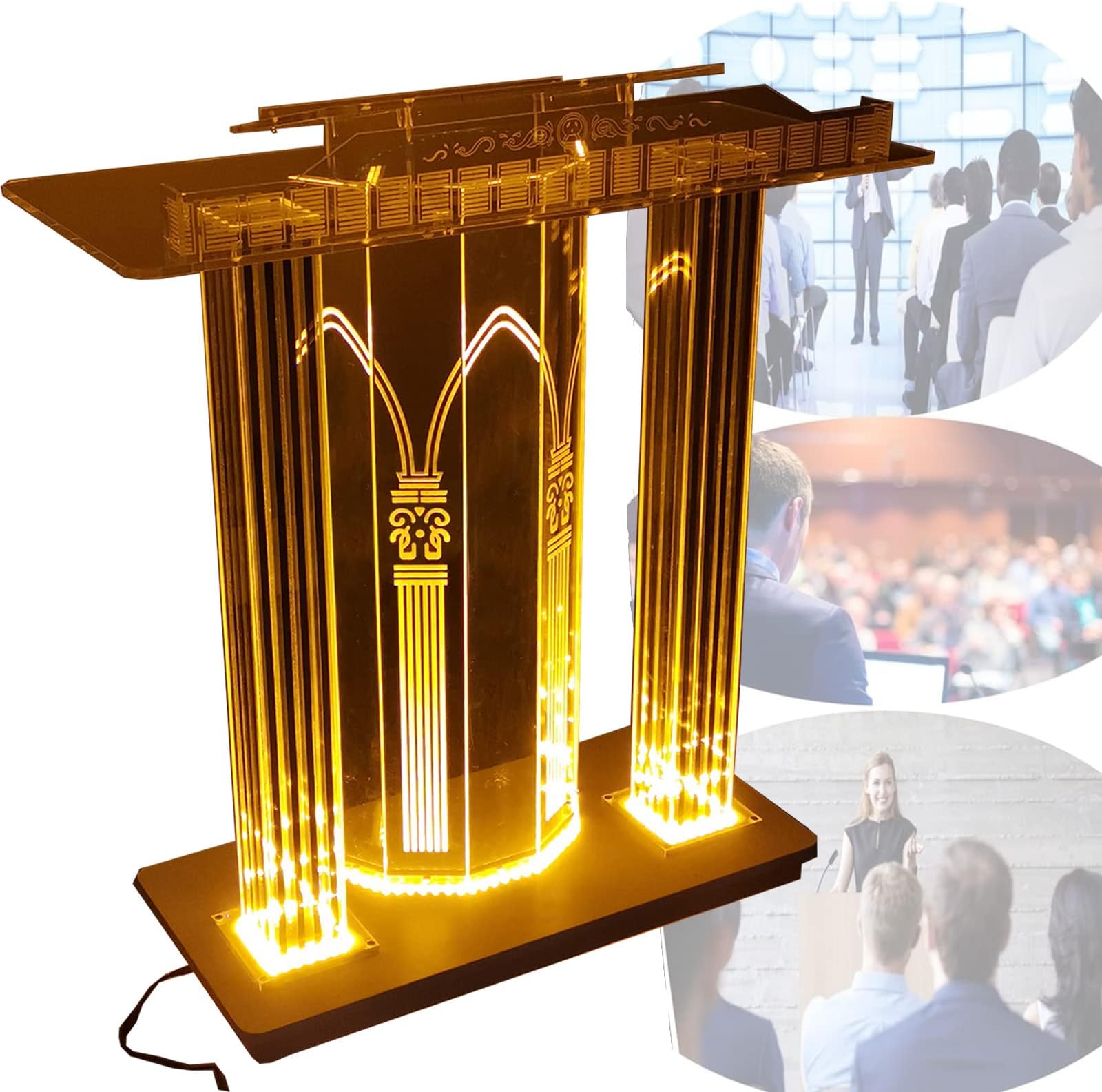 Podium Presentation Lectern Stand, Luxury Golden Church Standing Podium, Portable Transparent Podium Stand, Church School Podium Office Multifunctional Standing Reading Podium