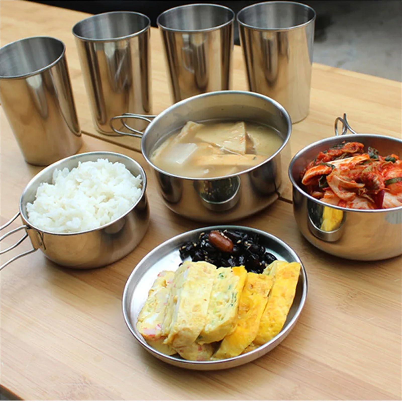 8-teiliges ultraleichtes Edelstahl-Campingkochgeschirr-Set, Mini-Topf/Pfanne/Schüssel/Becher mit Deckel, tragbare Picknick- und Wanderausrüstung