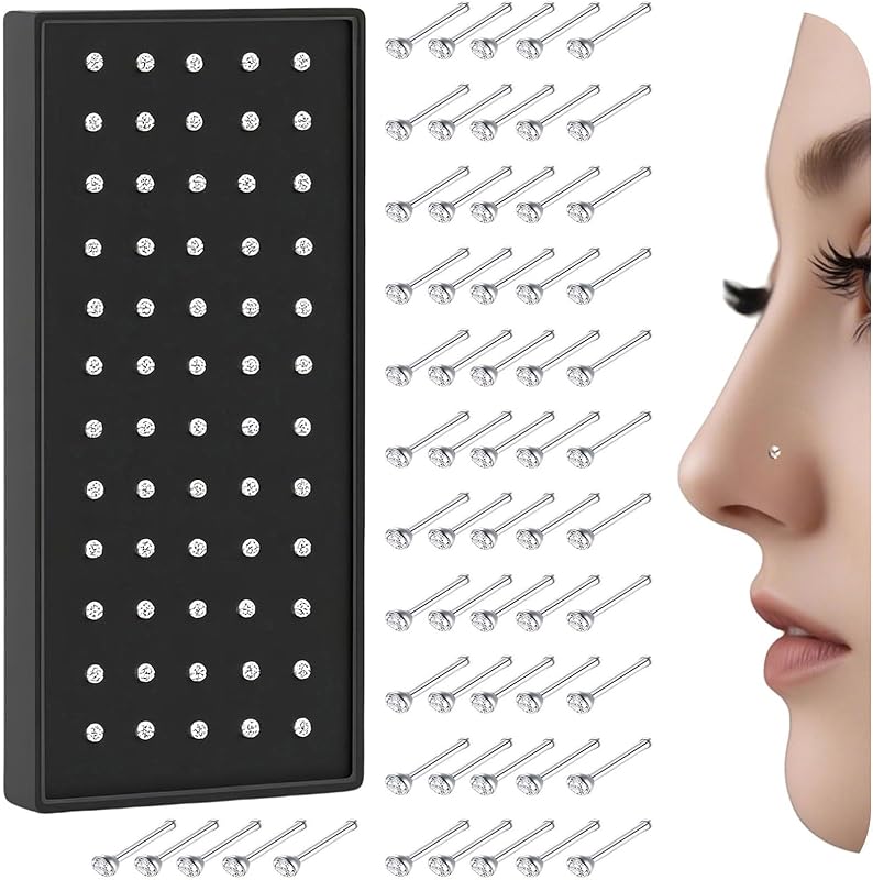 SLVIEKAE Kit com 60 Joias para Piercing de Nariz em Aço Inoxidável 316L, 20G, com Zircônia Cúbica (CZ)