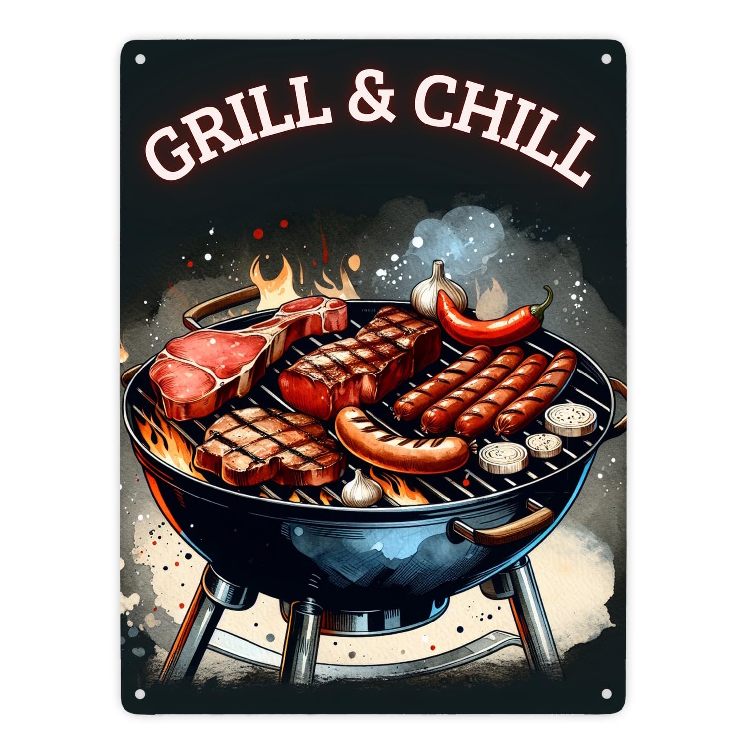 Metallschild 'Chill And Grill' Mit Elektrogrill-Motiv – 21x28 Cm, Aluminium, Humorvolle Gartendeko