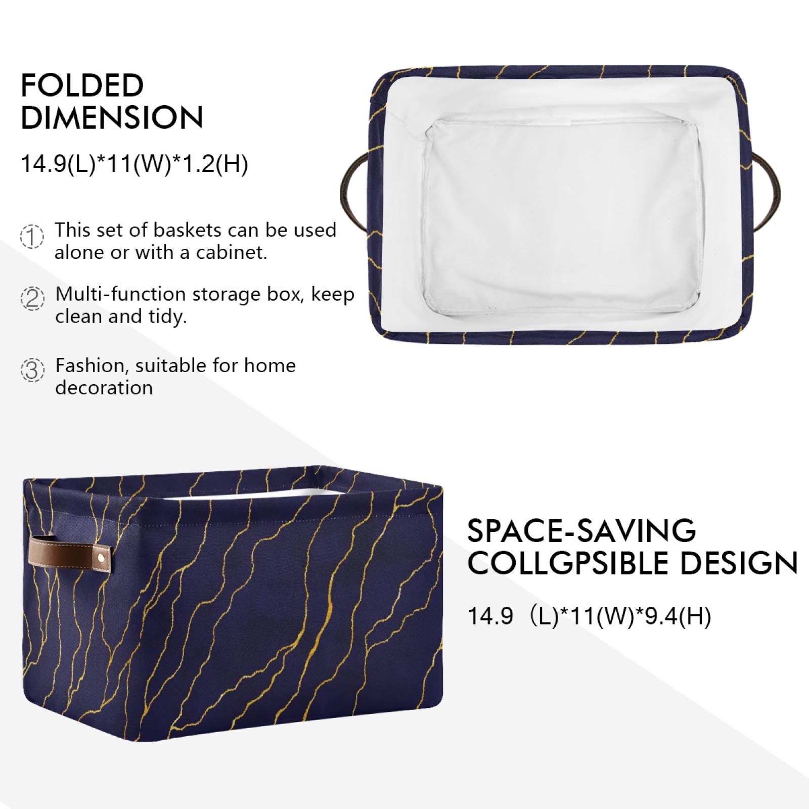 Large Foldable Storage Bin Gold Lines Foil Navy Blue Fabric Storage Baskets Collapsible Decorative Baskets Organizing Basket Bin with PU Handles for Shelves Home Closet Bedroom Living Room-2Pack