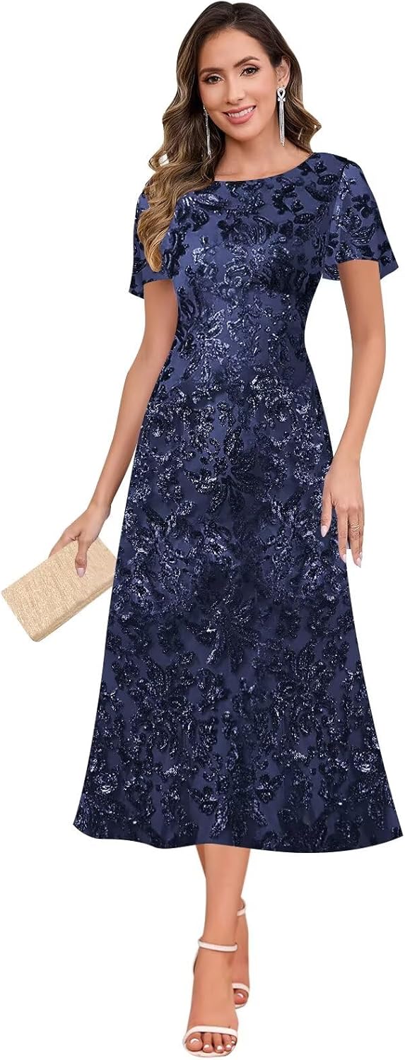 BOLENSYE Sequin Mother of The Bride Dresses for Women Short Sleeve Tea Length Petite Formal Evening Party Gowns
