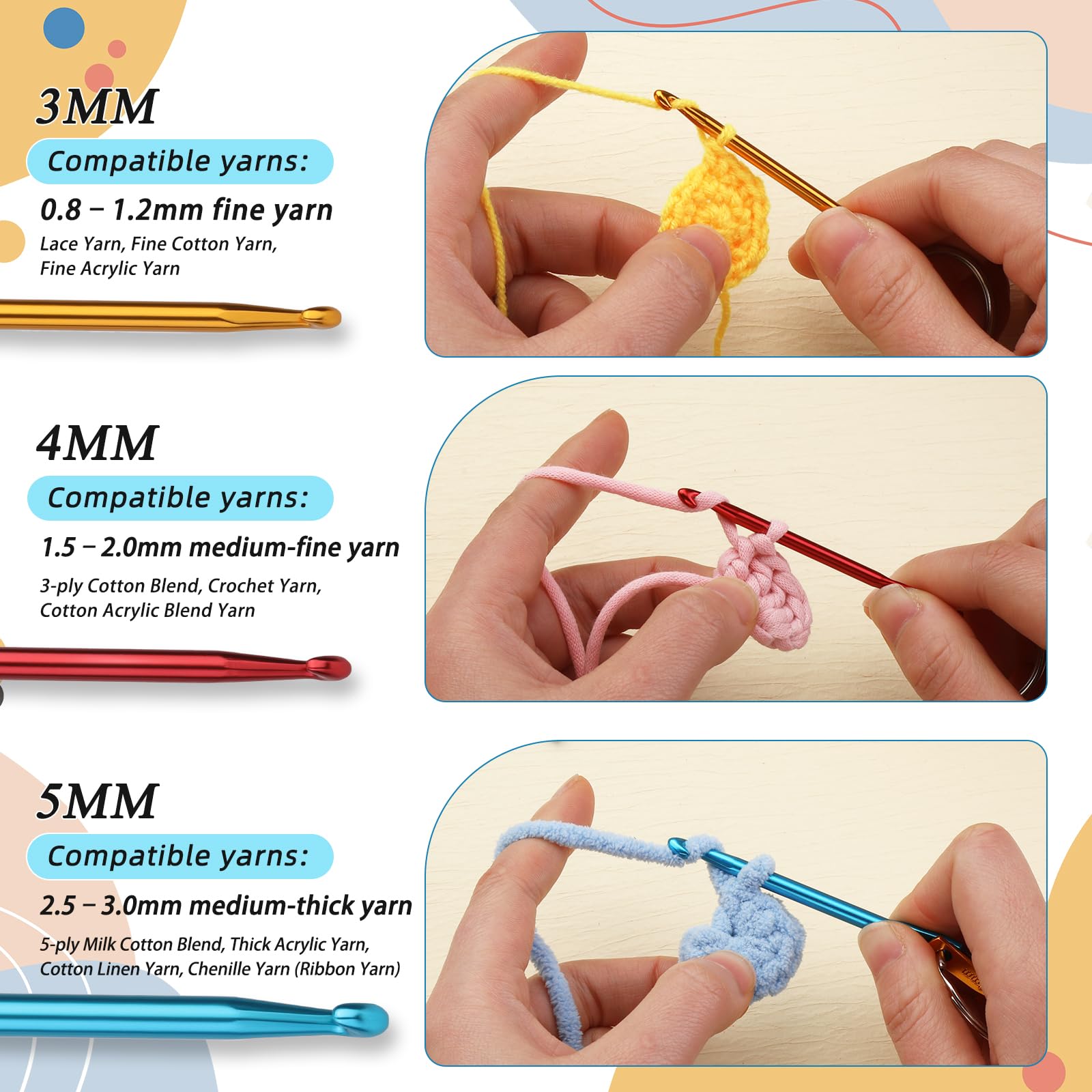 SHWAKK 3 Sets Mini Crochet Hook Keychain, 3 Size Aluminum Crochet Knitting Needles with Swivel Suitable for Yarn Knitting, Perfect for Beginners (3mm, 4mm, 5mm) - 4