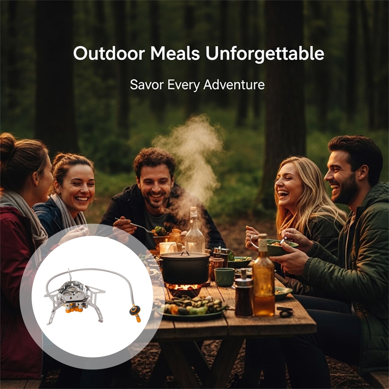Réchaud de camping à gaz portable coupe-vent, 6800 W, réchaud de randonnée 3 brûleurs avec adaptateur, pieds pliables, long tuyau, structure métallique légère pour cuisine en plein air
