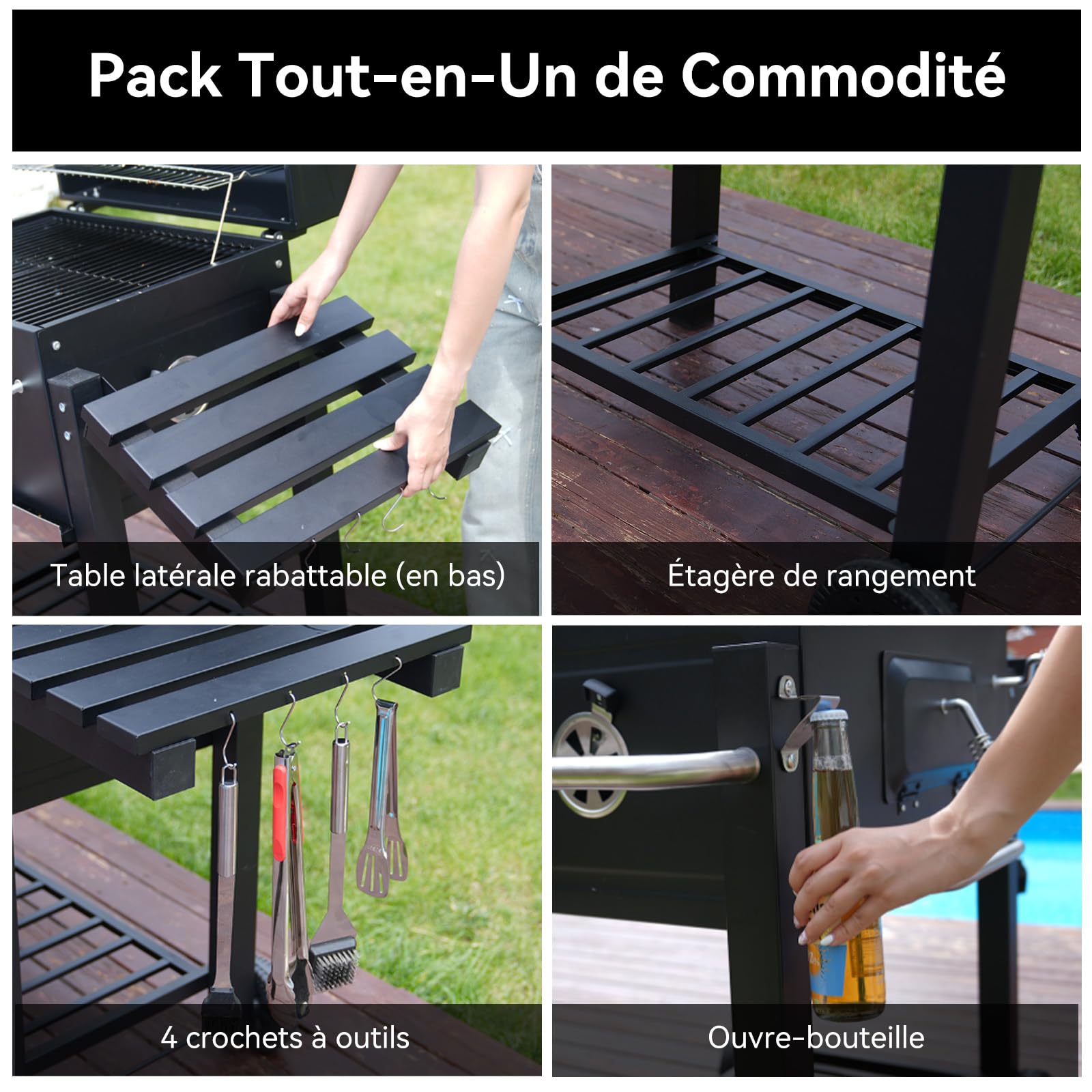 Barbecue Charbon de Bois, Gril avec Couvercle, Surface de Cuisson: 56×42,5 cm, Bac à Charbon Réglable en Hauteur, Table Latérale Pliante, Housse Barbecue Incluses