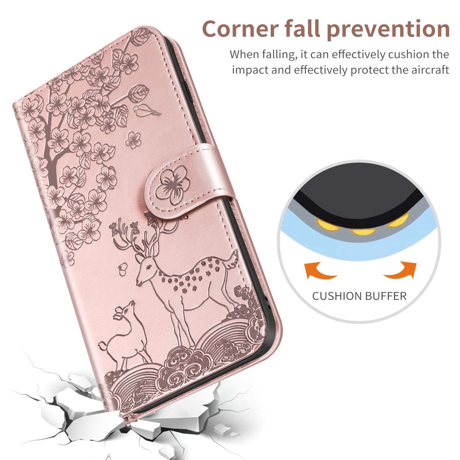 Etui do Samsung Galaxy S22/S22 Plus/S22 Ultra, wytłaczany jeleń skóra PU, portfel etui z przegródkami na karty podpórka, magnetyczne etui na telefon z klapką, różowe, S22 6,1"