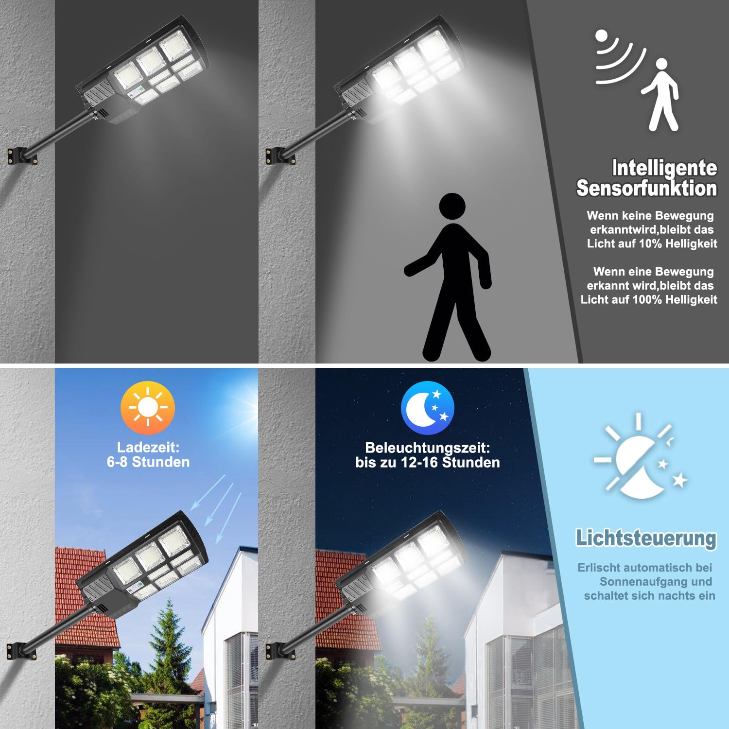 Lampa Solarna Uliczna Zewnętrzna, Lampa Słoneczny LED 300 W, lampy słoneczne na zewnątrz, lampa słoneczna 6500 K, uchwyt ścienny z czujnikiem ruchu, 4 sztuki