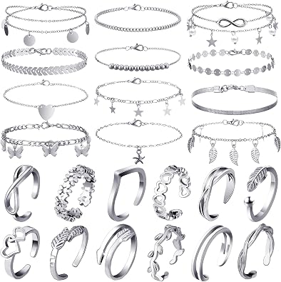 Sasylvia 24 Pcs Anklet and Toe Ring Set for Women Girl Silver Gold Layered Anklet Chain قابل للتعديل Open Toe Ring Foot Jewelry