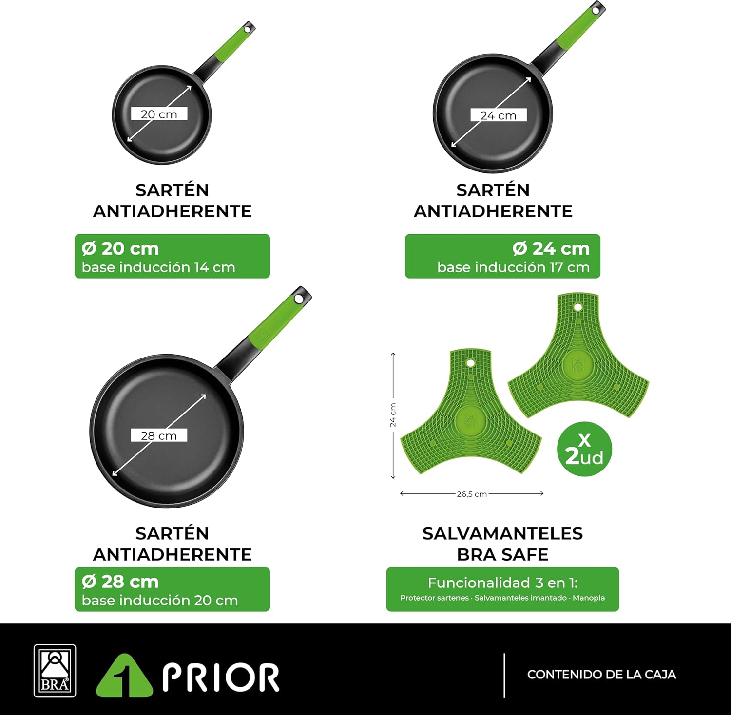 BRA 3 Frying Pans Prior Range Plus 2 Safe Multi Purpose Mats, 20, 24 and 28 cm, Black