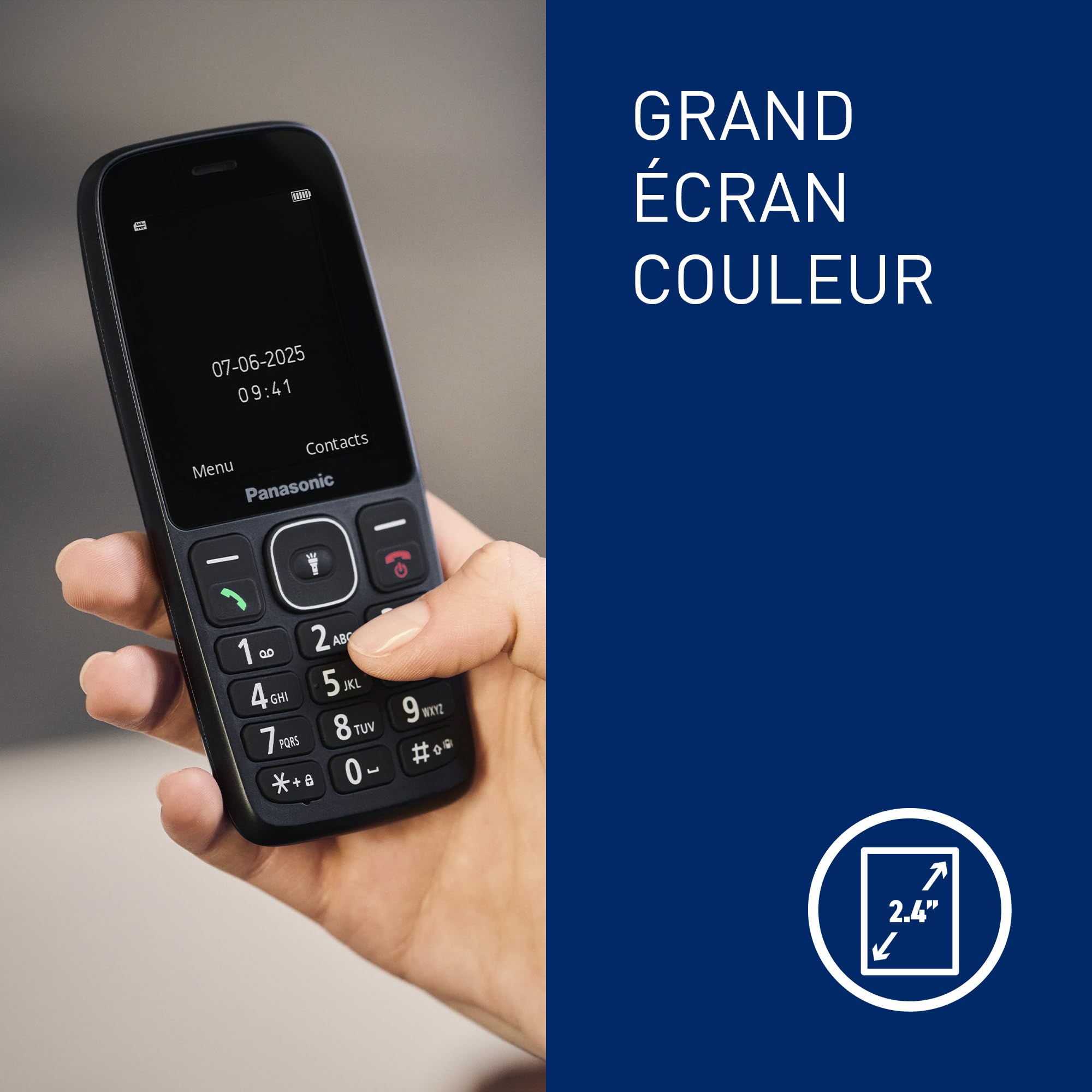 Panasonic KX-TF400EXB Téléphone à Touches 4G Facile à Utiliser, Volte, autonomie fiable Jusqu’à 280 Heures en Mode Veille, Charge USB-C, écran de 2,4 Pouces, Bluetooth, résistance à l’Eau IP44, Noir