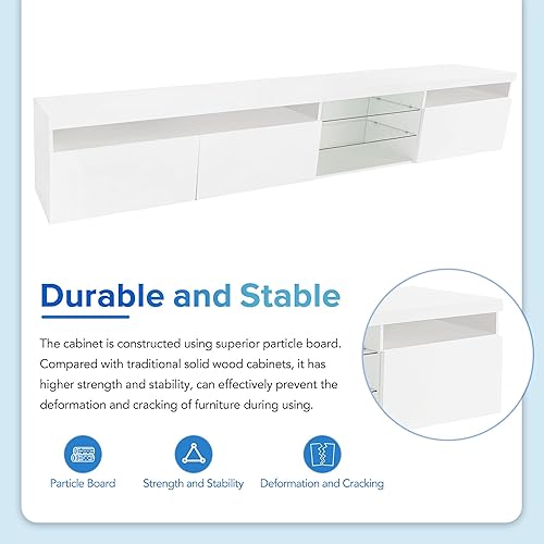 Miniatura 61 de Merax Moderno soporte de TV con patas de metal, asas doradas, líneas geométricas y estantes ajustables para televisores de hasta 80 pulgadas, mesa