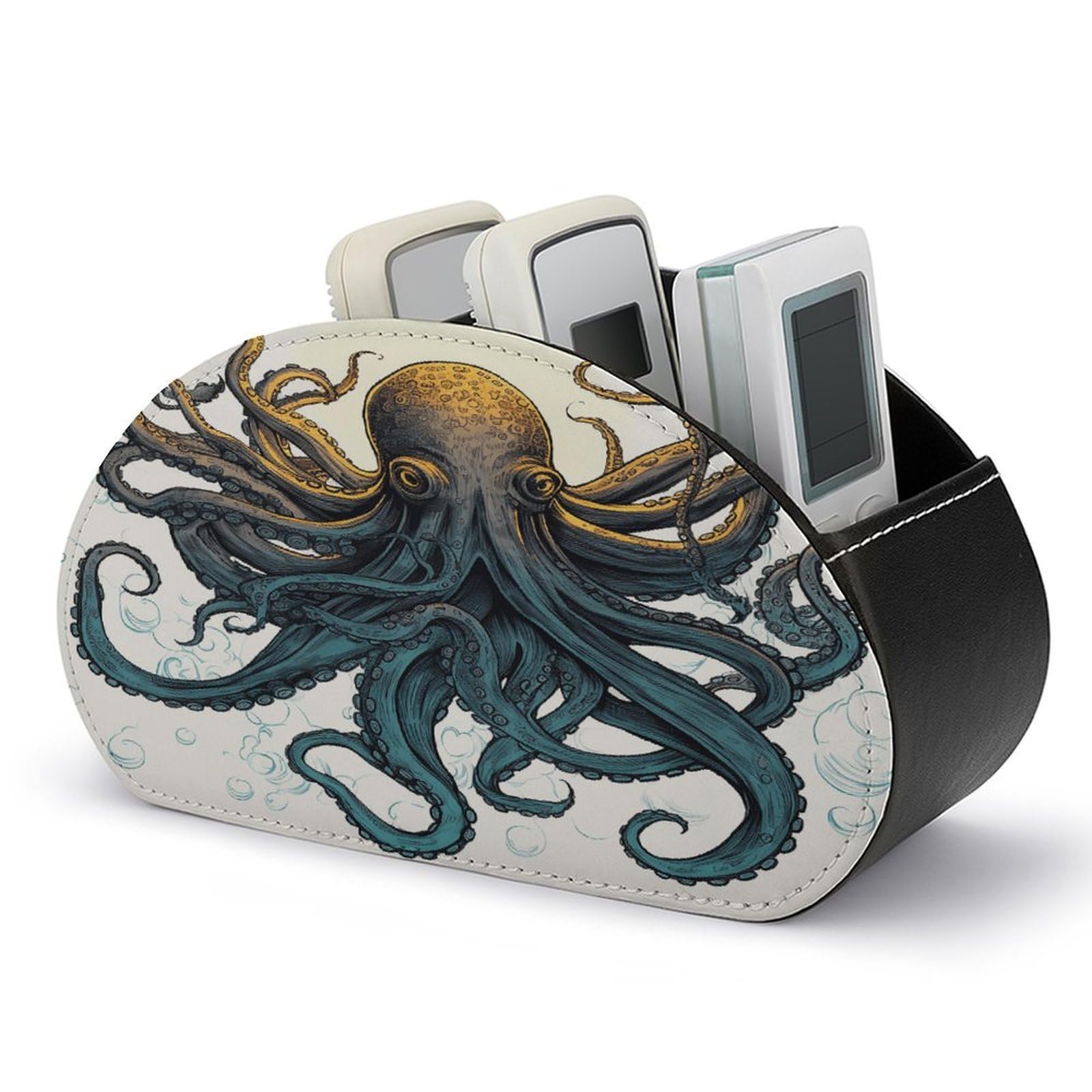 VstaDank Sun Ocean Octopus Remote Control Holder Farmhouse TV Media Remote Storage Box with 5 Compartments PU Leather Remote Caddy Desktop Organizer for Home Bedside Table Organizer