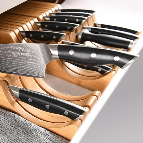 Miniatura 4 de NANFANG BROTHERS Juego de cuchillos de cocina, 6 piezas de bloques de cuchillos de damasco con cuchillos de bambú, organizador de cajón, perfecto
