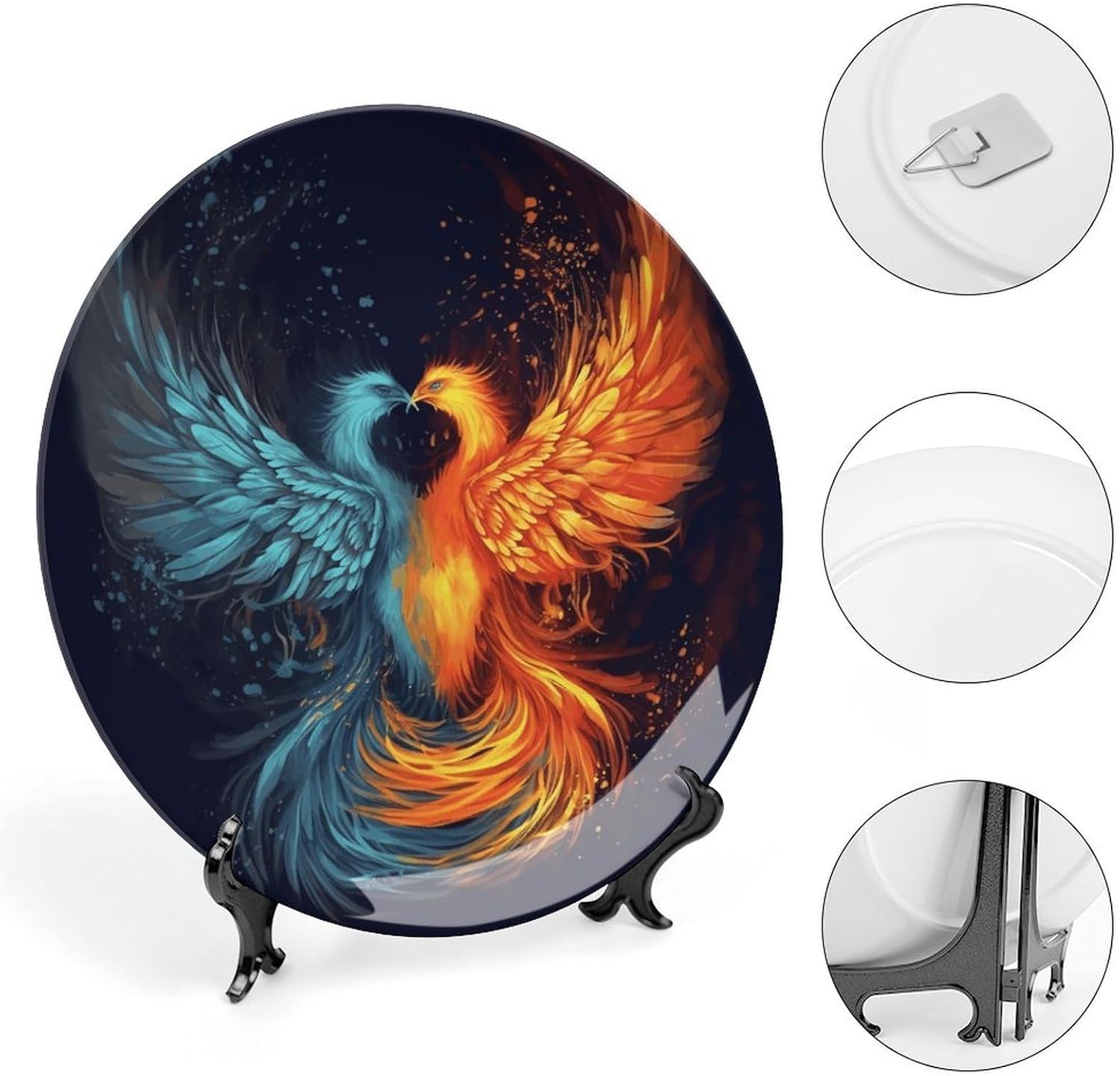 Fire And Water Phoenix Bone China Decorative Plate with Display Stand, Ceramic Ornaments Plate for Wall Hanging, Personalized Porcelain Plates for Office, Living Room 10inch