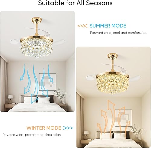 Miniatura 5 de Ventilador de Techo Fandelier de Cristal de 48" con Luz, Ventiladores de Techo Retráctiles Araña Ventilador con Aspas Retráctiles LED Regulable