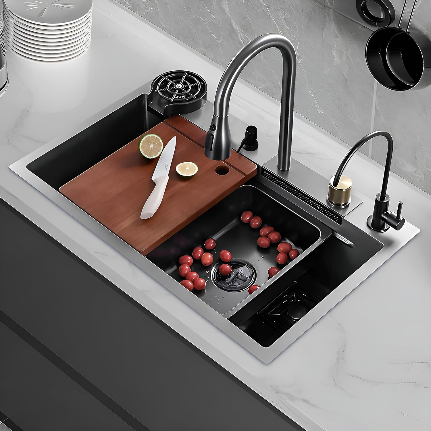 QIMAGE® 24 x 18 x 9 inches Waterfall Kitchen Sink with ANTI SCRATCH HONEYCOMB DESIGN Integrated Waterfall and Pull-down Faucet Set/304 Grade Stainless Steel Sink with Cup washer and Drain Baskets. (B0DGMDWXXN) Amazon Price History, Amazon Price Tracker
