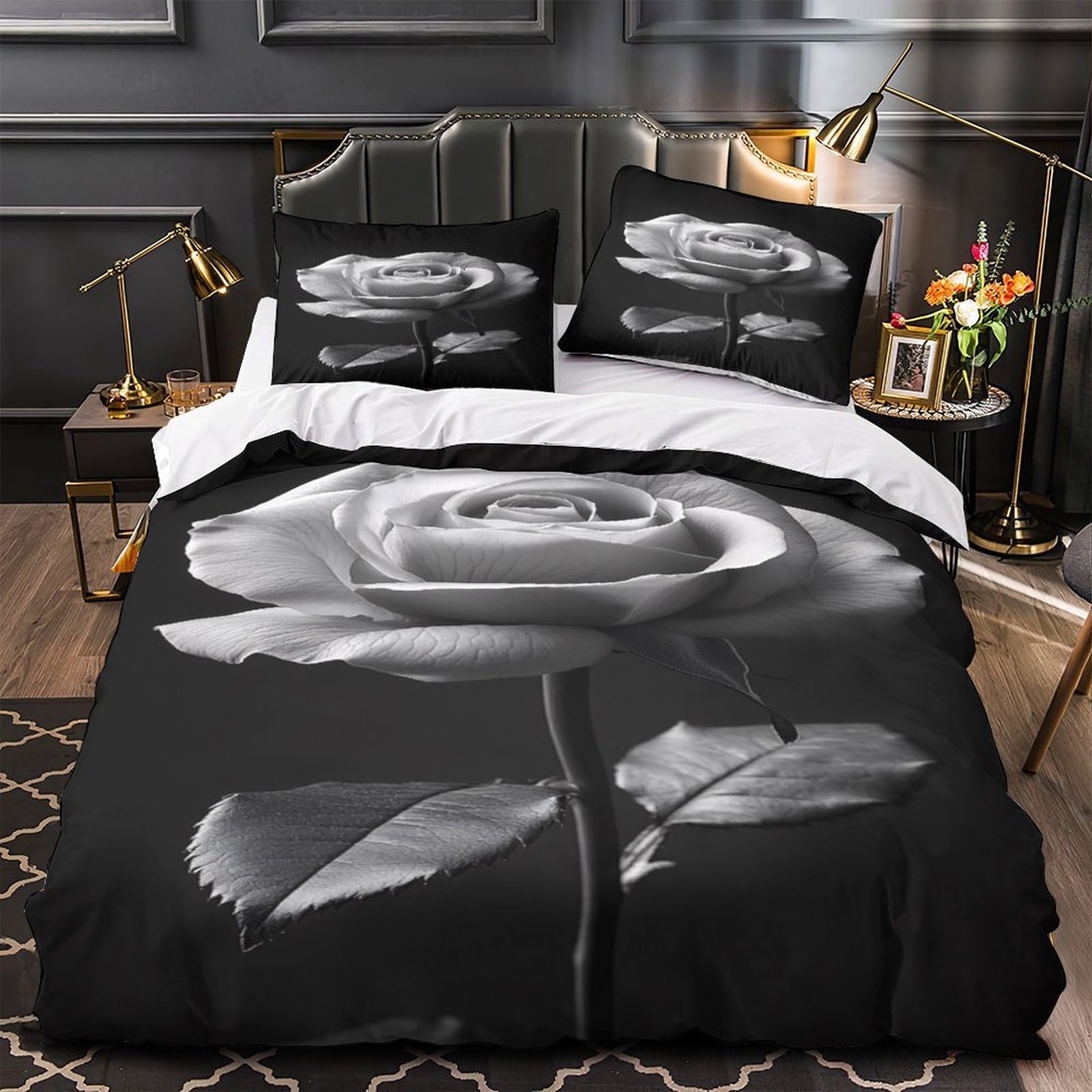 Housse de couette anti-pli lit king size motif floral noir baroque