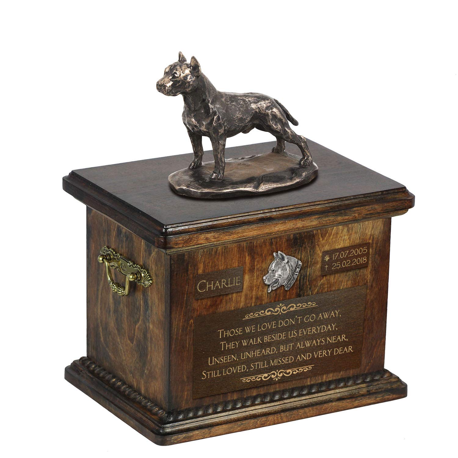 Urne commémorative de chien pour salon statue Amstaff bronze sur bois
