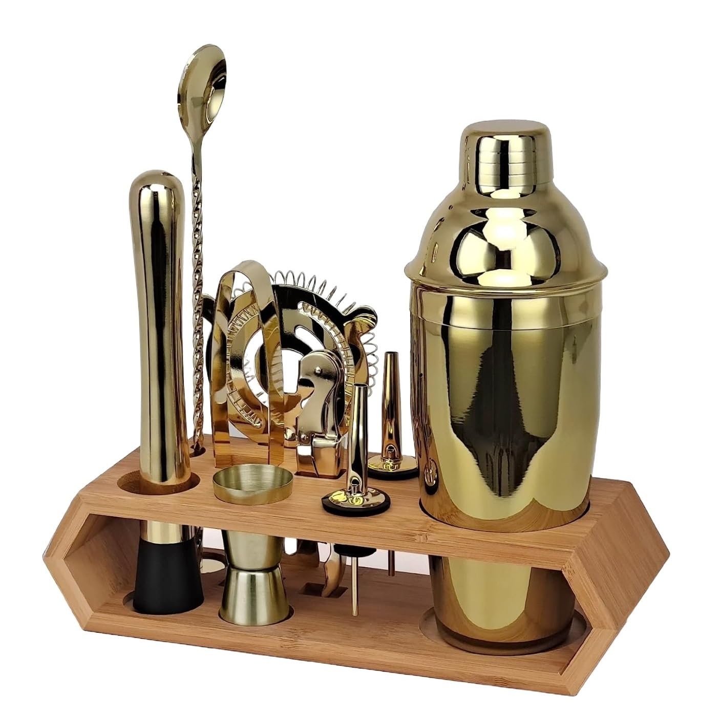 Ensemble de Cocktail Shaker, 10 Pcs Cocktail Shaker Set Bar Tool Set avec Support Martini Shaker Bartending Kit Ensembles d'accessoires de Bar (Color : Gold, Size : 10pcs)