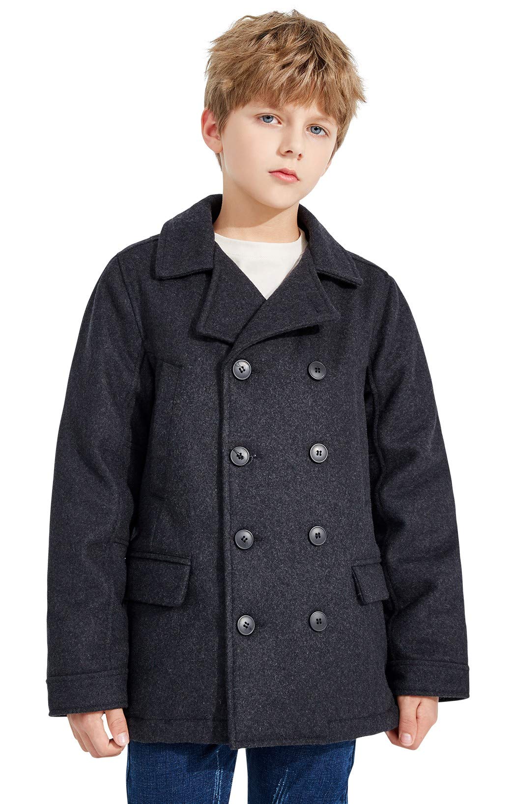 SOLOCOTE Niños Invierno Lana Blend Abrigo de guisante Niños Cuello con muescas Doble Pechera alargada Abrigo trench