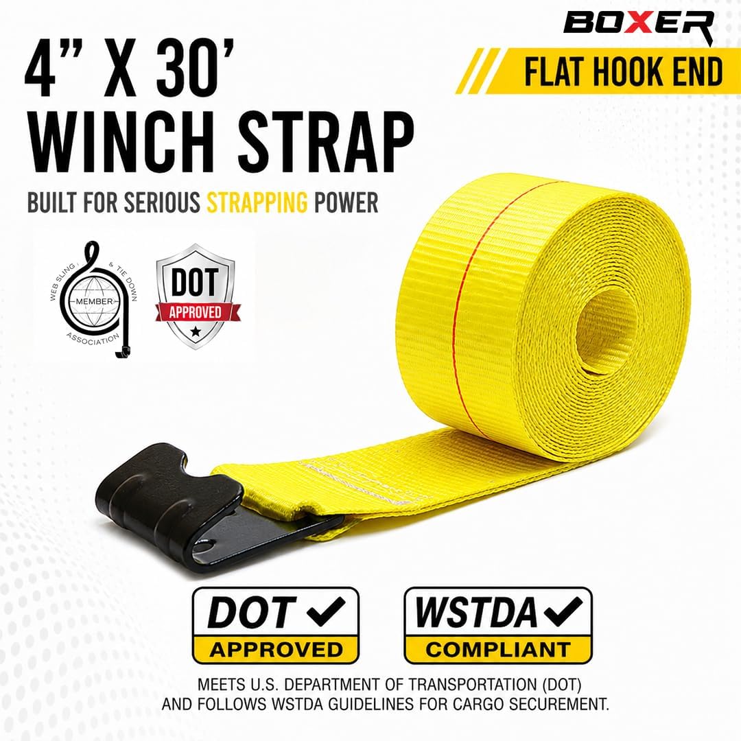 BoxerTool (4 Pack) 4" x 30' Heavy Duty Tie Down Flat Hooks - DOT Compliant - Cargo Control for Flatbed Trucks, Utility Trailer