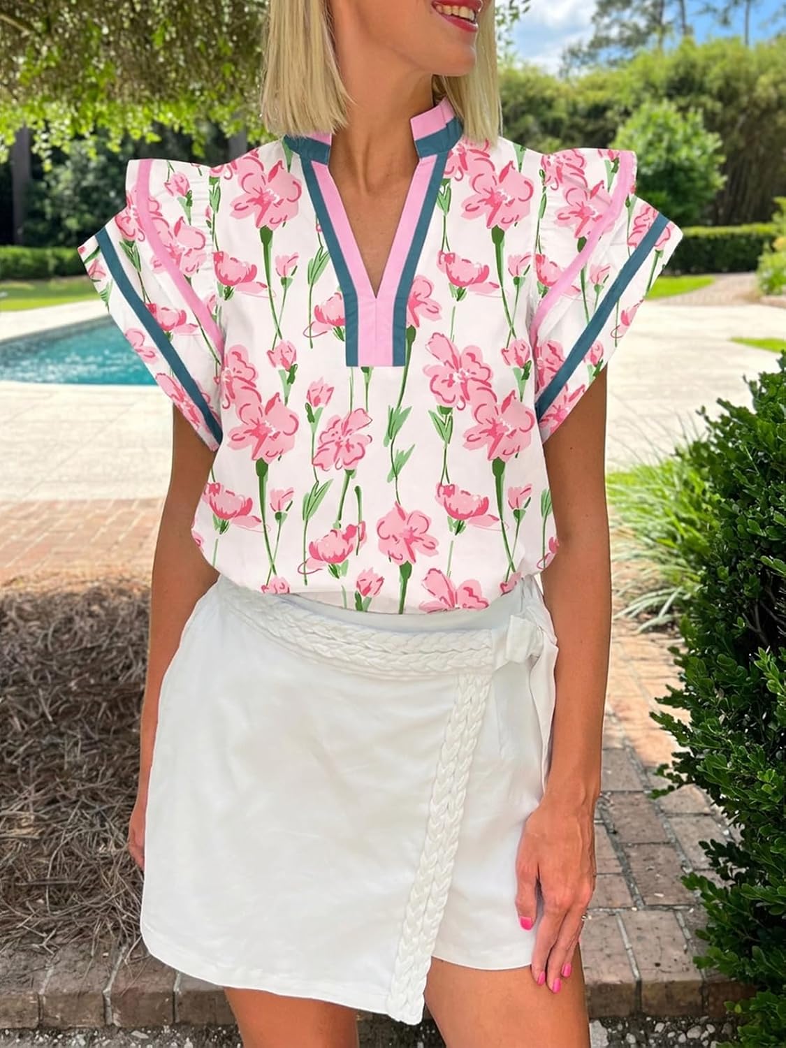 Cicy Bell Womens Ruffle Cap Sleeve Tops Color Block V Neck Dressy Casual Blouses Summer Pleated Loose Fit Shirts