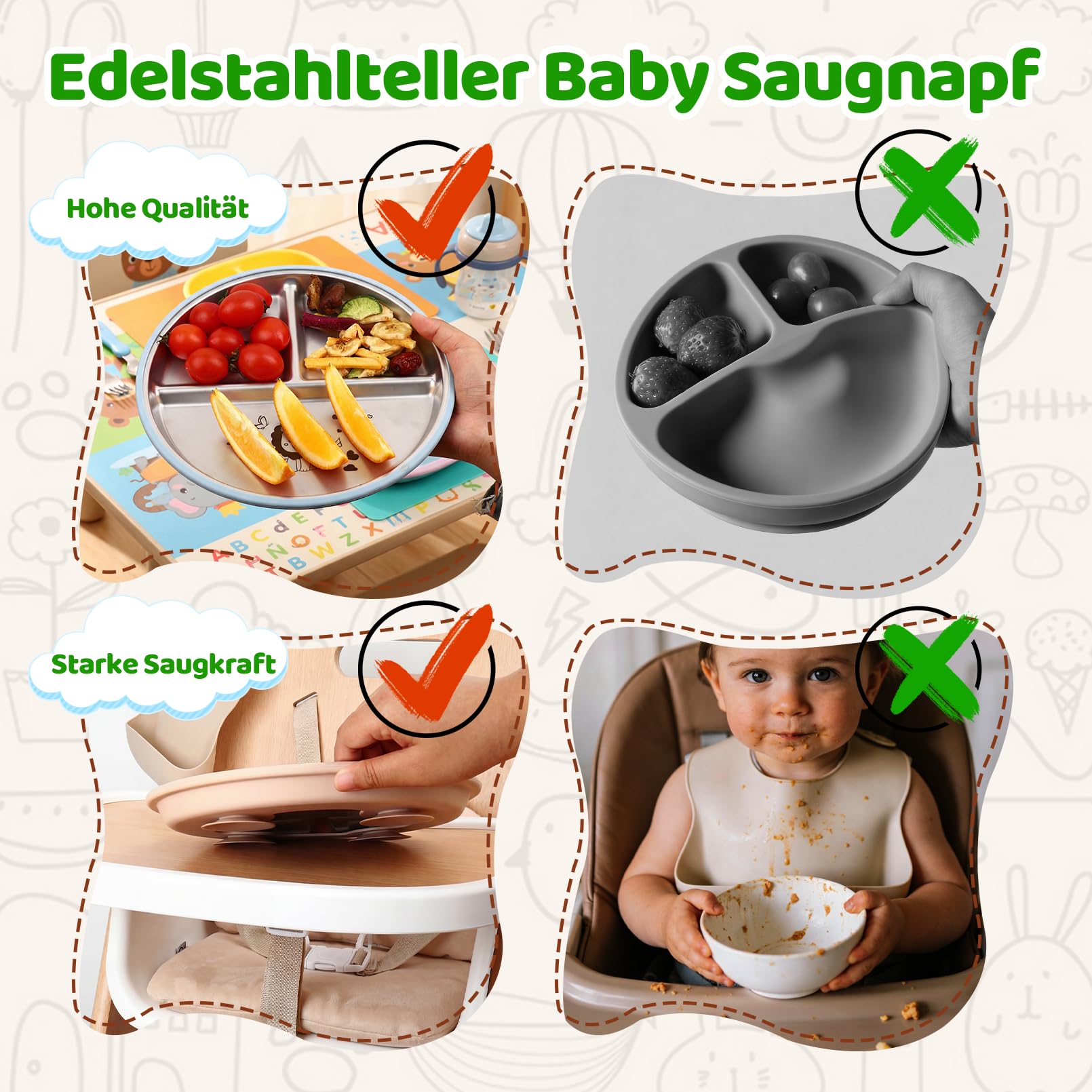 OXYEFEI Edelstahl Teller Baby,Kindergeschirr Set mit Tiermotiven Baby Teller mit Saugnapf Geburtstagsgeschenke für Babys, Taufgeschenke (Blau, Löwe)