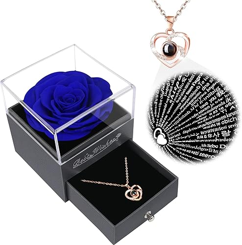 Regalos de rosas para su cumpleaños, regalos de rosas para ella de parte de su hija o hijo, regalos de rosas preservadas para mujeres con collar "I